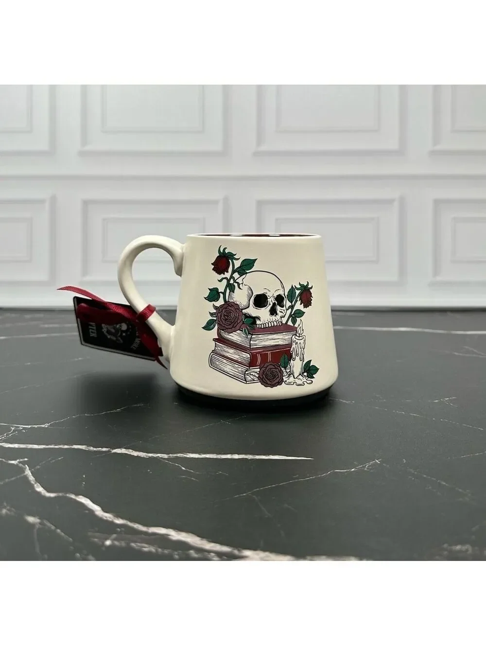 Sunday Morning Ceramics Mug with Skull, Books, and Roses Design Coffee Cup